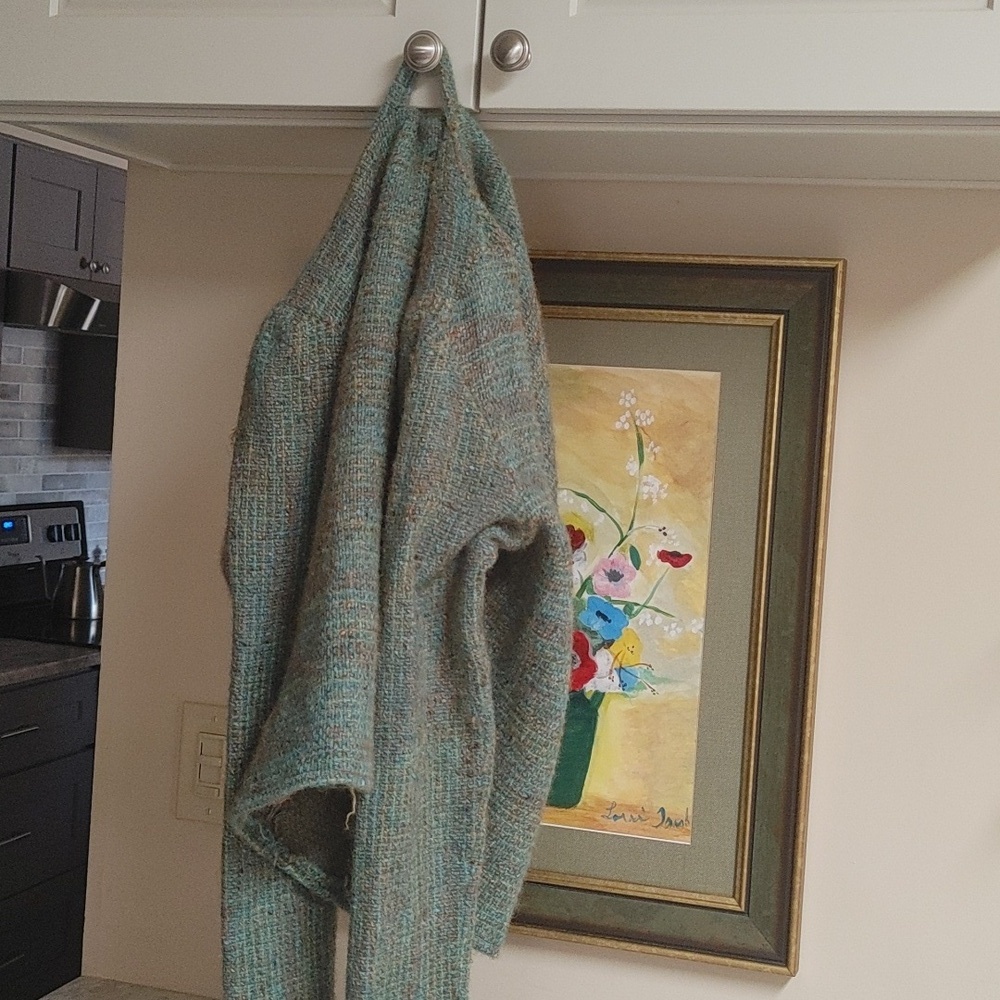 OOAK Handwoven Wool Hoodie Turquoise & Gold - Picture 5 of 17